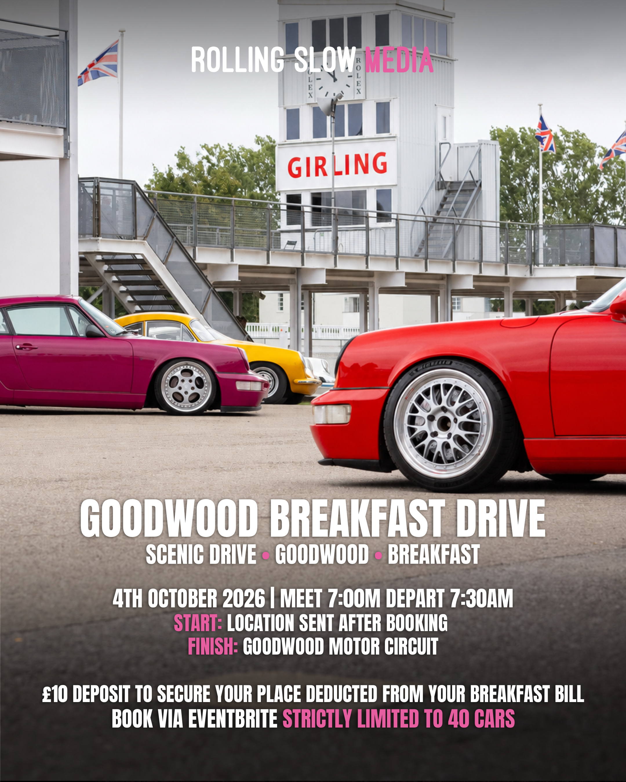 Flyer for the Rolling Slow Media Goodwood Breakfast Drive on 4th October 2026