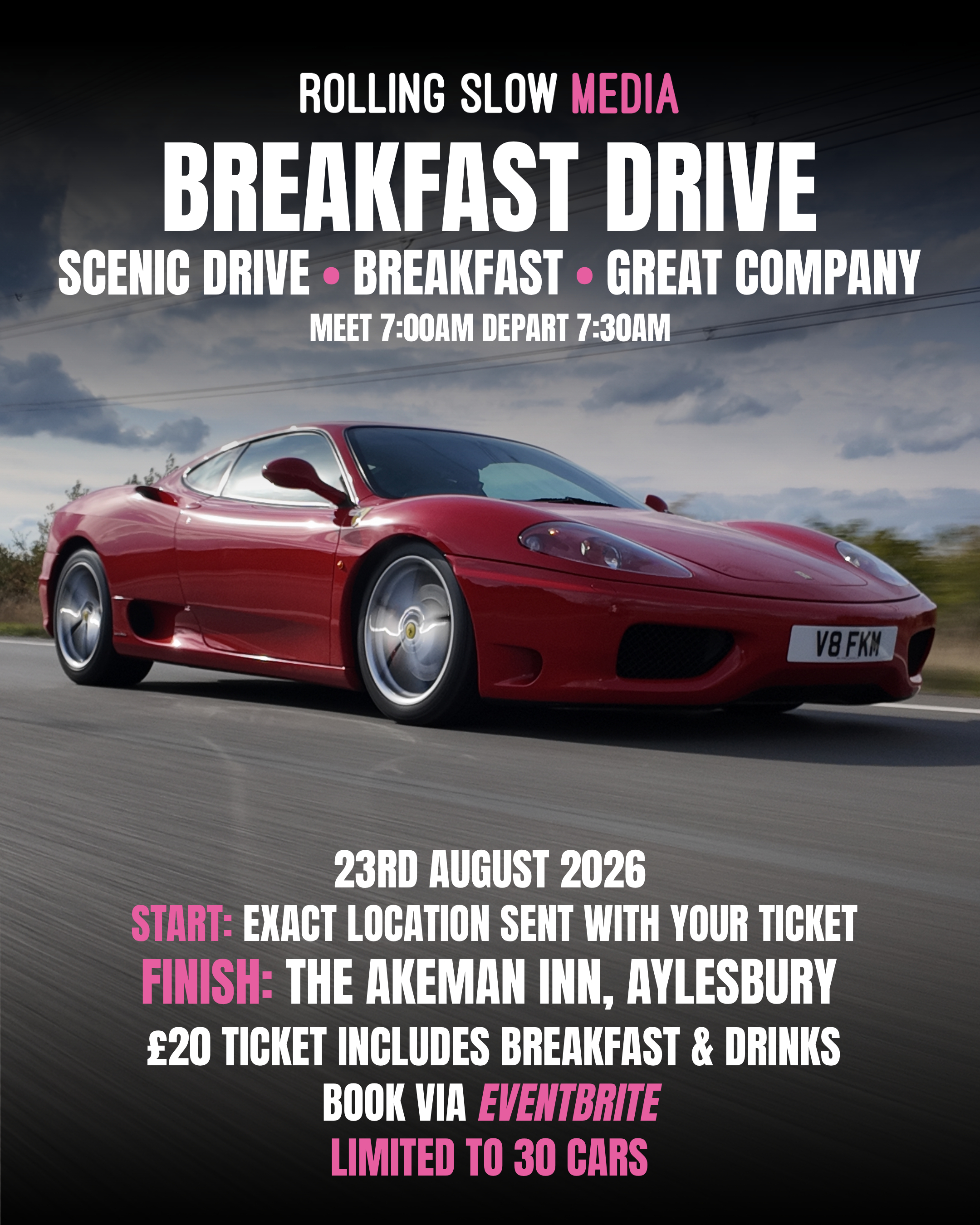 Flyer for the Rolling Slow Drivers Club Breakfast Drive at The Akeman Inn on 23rd August 2026